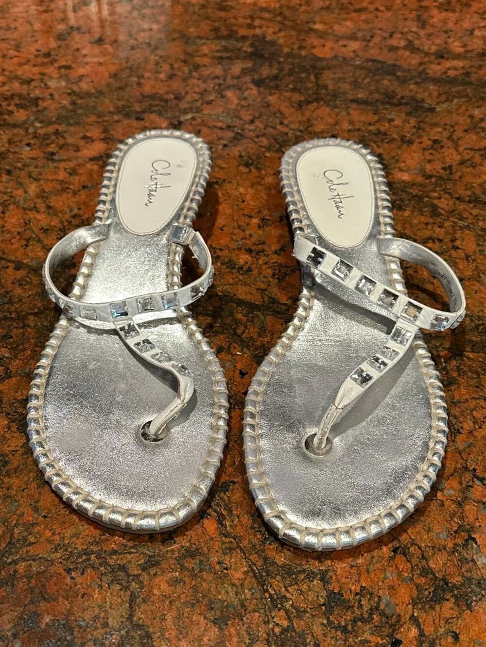 Cole Haan Kalla Thong White Leather T-Strap Rhinestone Accent Sandals, 8.5 M